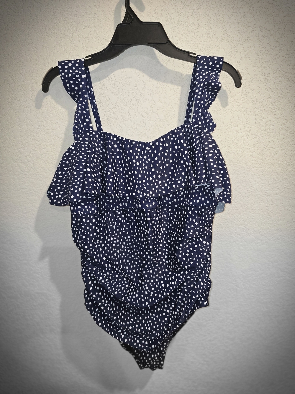 Kona Sol Navy Blue Polka Dot Ruched Ruffle One Piece Swimsuit Size 16